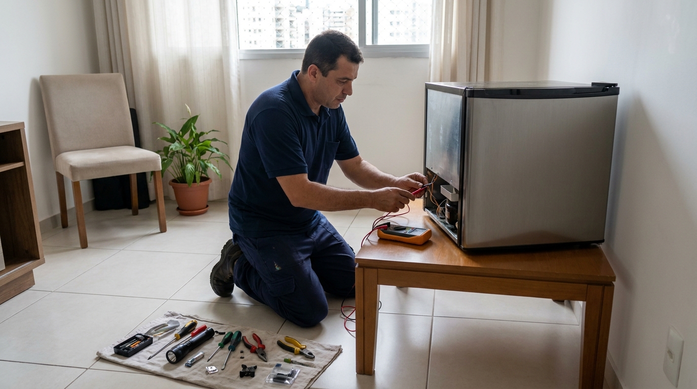 Técnico realizando manutenção de motor de frigobar em Marília‑SP