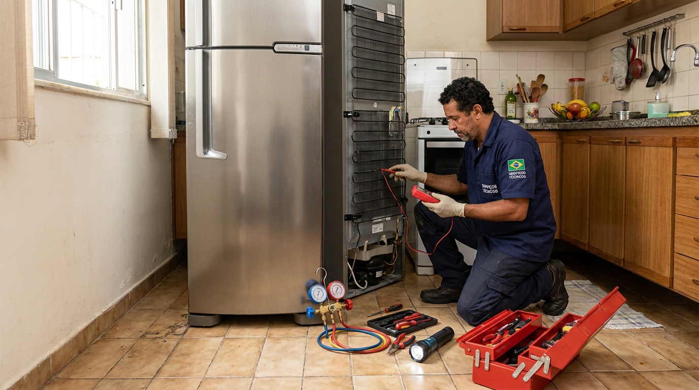 Técnico realizando manutenção de motor de geladeira em Altaneira, Marília‑SP
