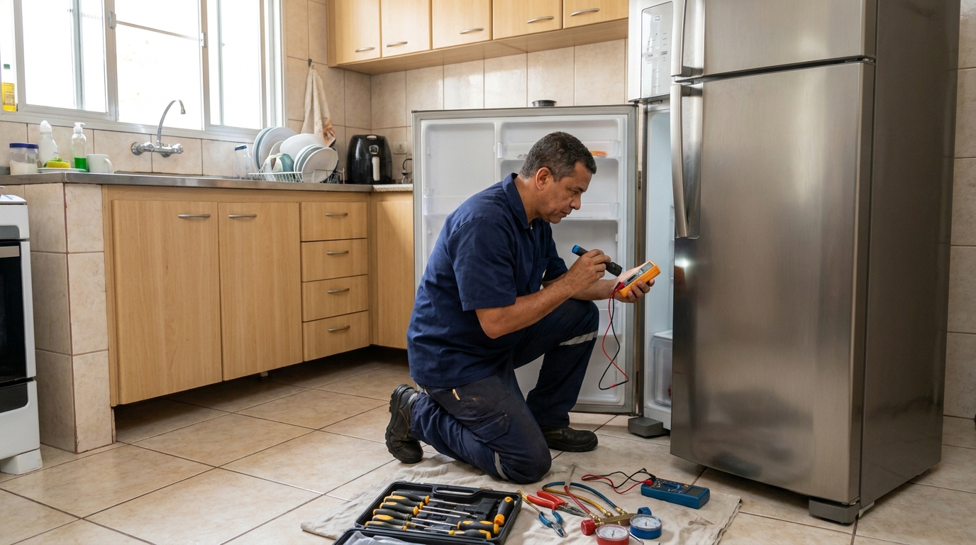 Recarga de gás refrigerante de geladeira em atendimento em Altaneira, Marília‑SP