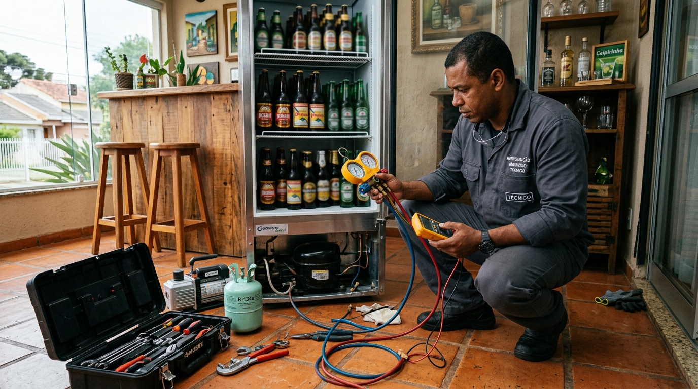 Técnico de conserto de cervejeira em residência em Marília‑SP